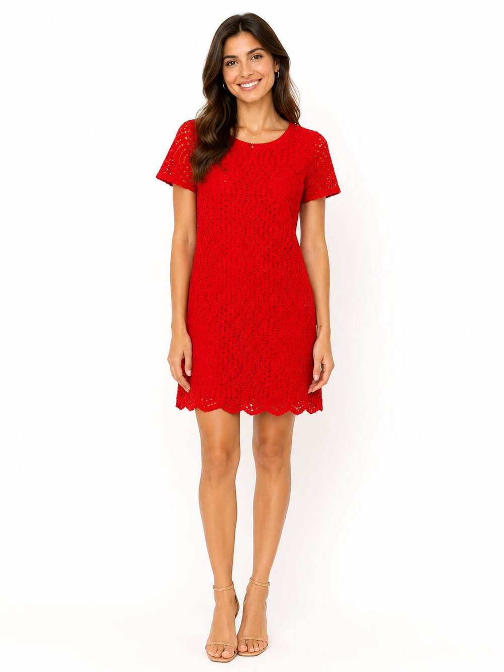 J.Crew Women's Red Eyelet Lace Shift Dress with Scalloped Hem